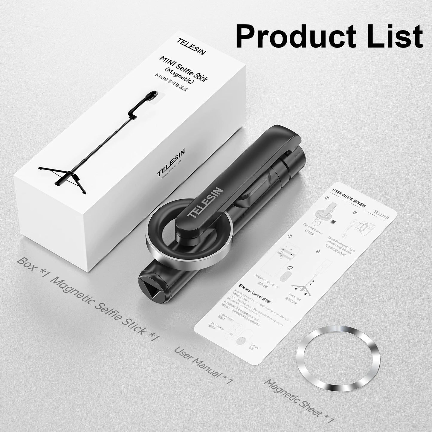 TELESIN Magnetic Phone Tripod Stand – Selfie Stick with Remote for iPhone 12/13/14 Series