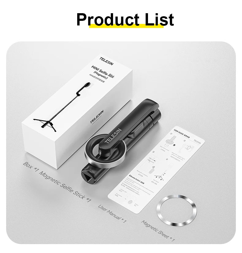 TELESIN Magnetic Phone Tripod Stand – Selfie Stick with Remote for iPhone 12/13/14 Series