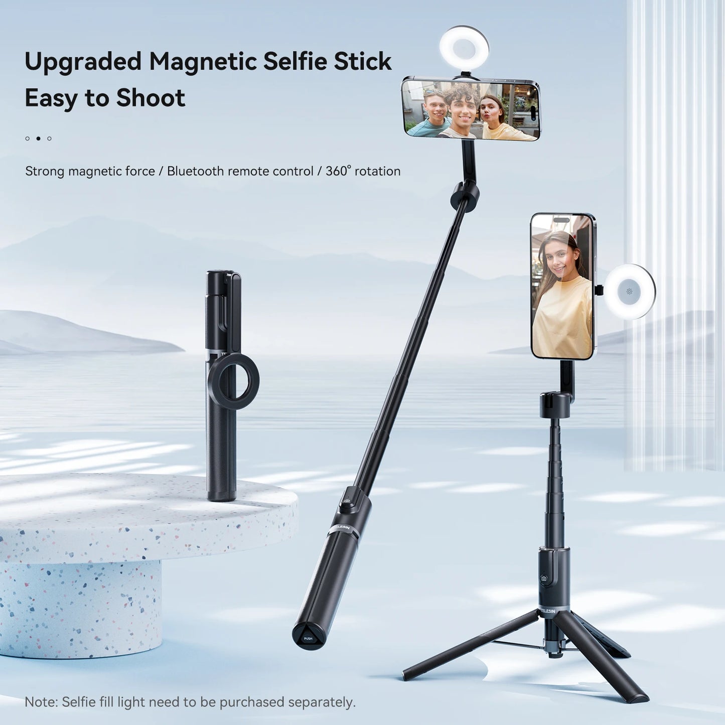 TELESIN Magnetic Phone Tripod Stand – Selfie Stick with Remote for iPhone 12/13/14 Series