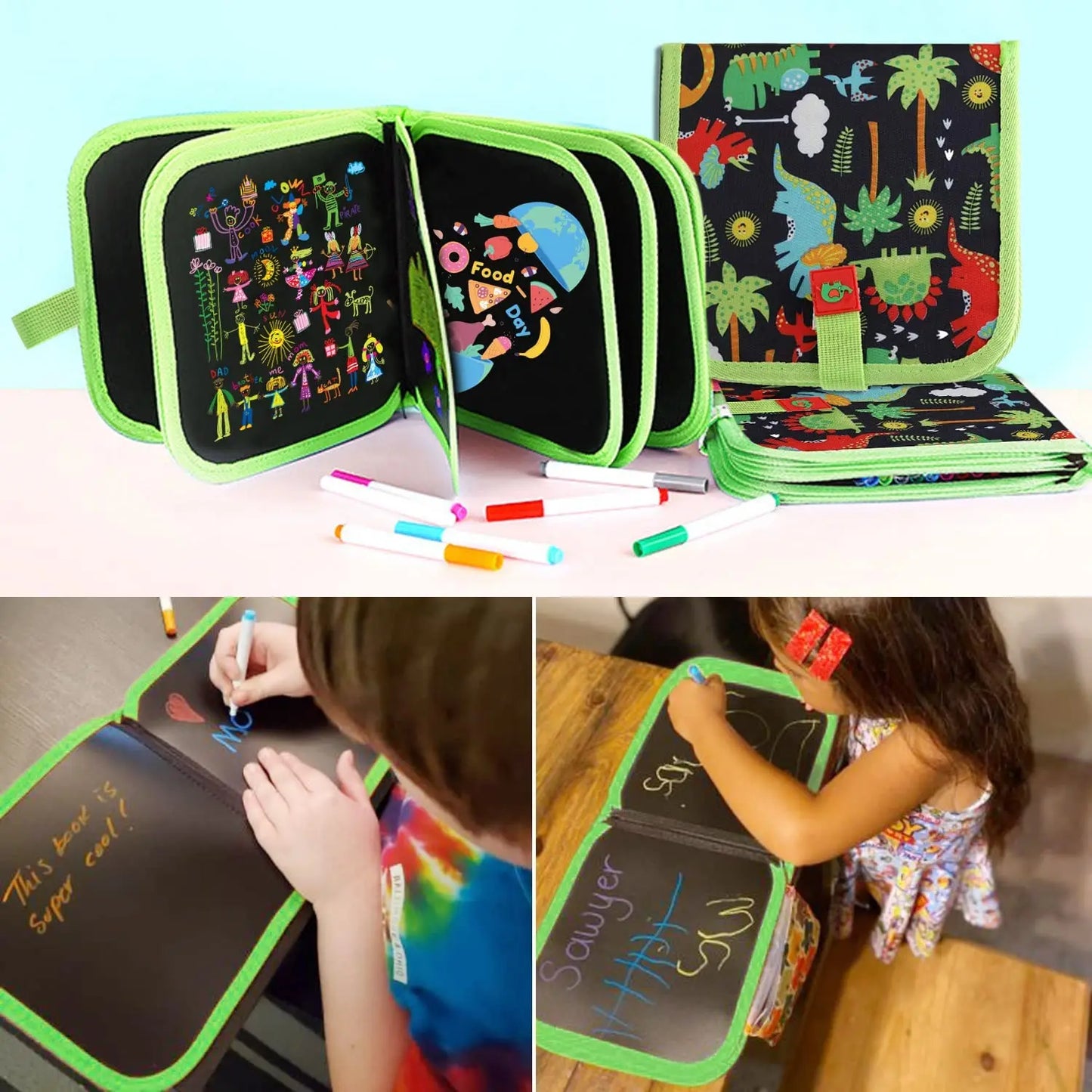 Kids Reusable Doodle Book Erasable Drawing Pad 12 Pens Toddler Travel Painting