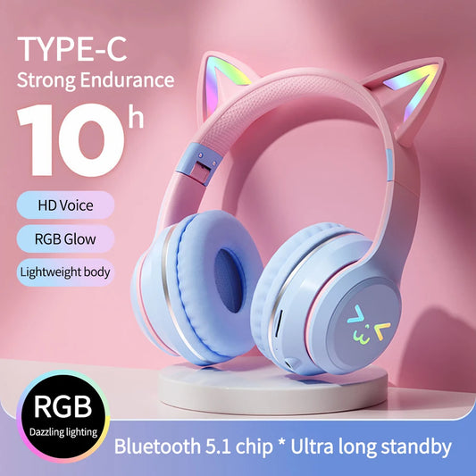 "RGB Cat Ear Bluetooth Headphones for Kids"