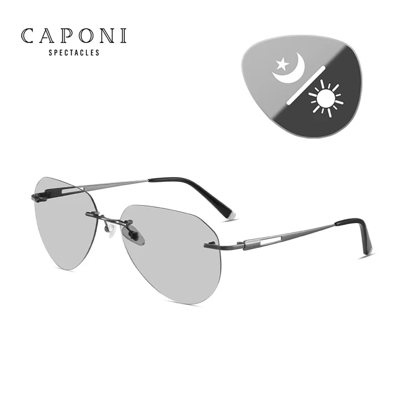 CAPONI Rimless Polarized Sunglasses Photochromic UV400 Titanium Driving Eyewear