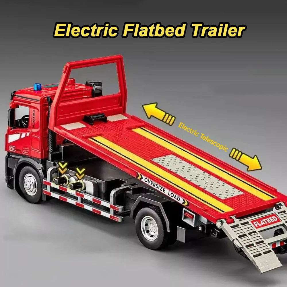 Diecast Cement Pump Truck 1:24 Electric Model Sound Light Flatbed Trailer Toy