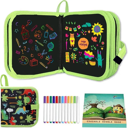 Kids Reusable Doodle Book Erasable Drawing Pad 12 Pens Toddler Travel Painting