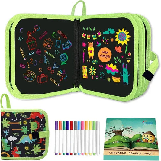Kids Reusable Doodle Book Erasable Drawing Pad 12 Pens Toddler Travel Painting