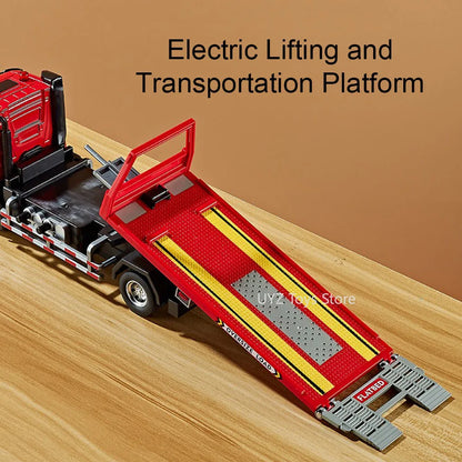 Diecast Cement Pump Truck 1:24 Electric Model Sound Light Flatbed Trailer Toy