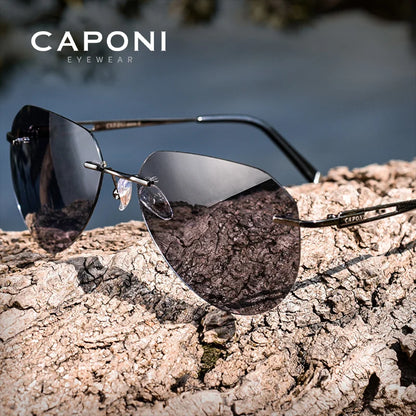 CAPONI Rimless Polarized Sunglasses Photochromic UV400 Titanium Driving Eyewear