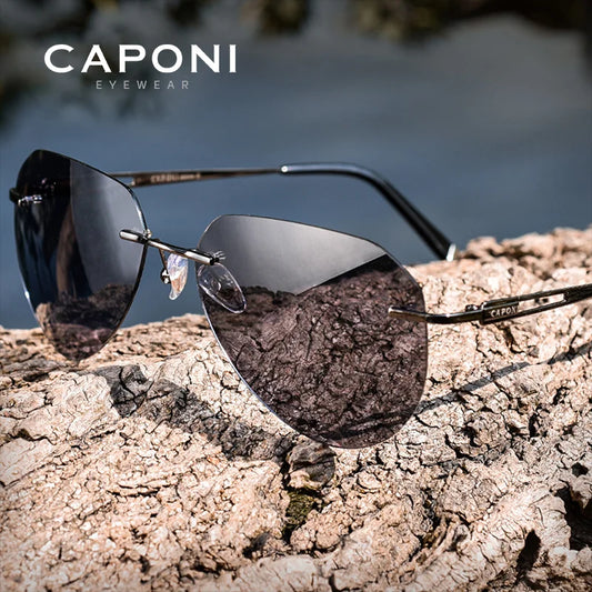 CAPONI Rimless Polarized Sunglasses Photochromic UV400 Titanium Driving Eyewear