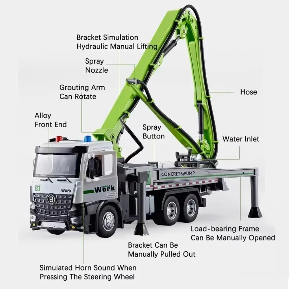 Diecast Cement Pump Truck 1:24 Electric Model Sound Light Flatbed Trailer Toy