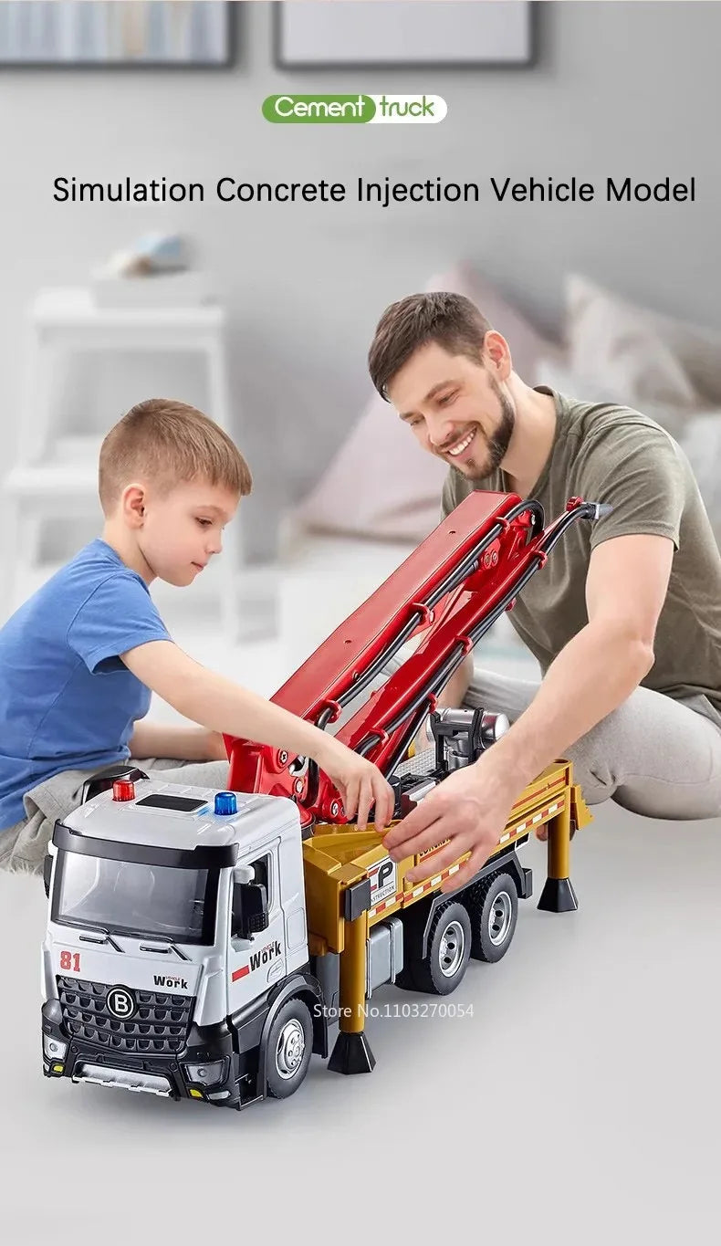 Diecast Cement Pump Truck 1:24 Electric Model Sound Light Flatbed Trailer Toy
