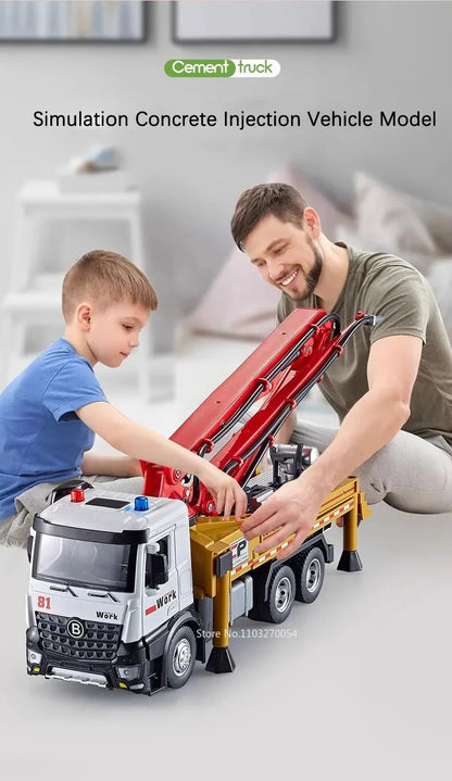 Diecast Cement Pump Truck 1:24 Electric Model Sound Light Flatbed Trailer Toy